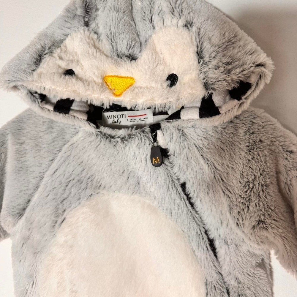 Minoti Baby unisex gray penguin Fuzzy Snowsuit Size 3-6 Months - Picture 2 of 6